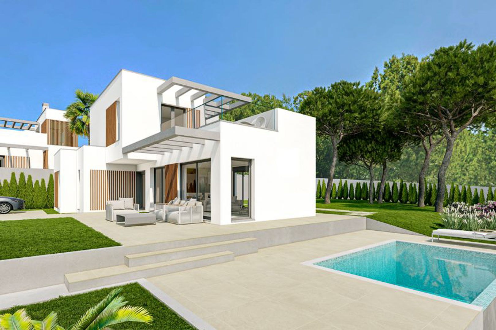 Exterior de villa minimalista con piscina privada, amplias terrazas de gres porcelánico y fachada blanca con elegantes listones de madera natural.