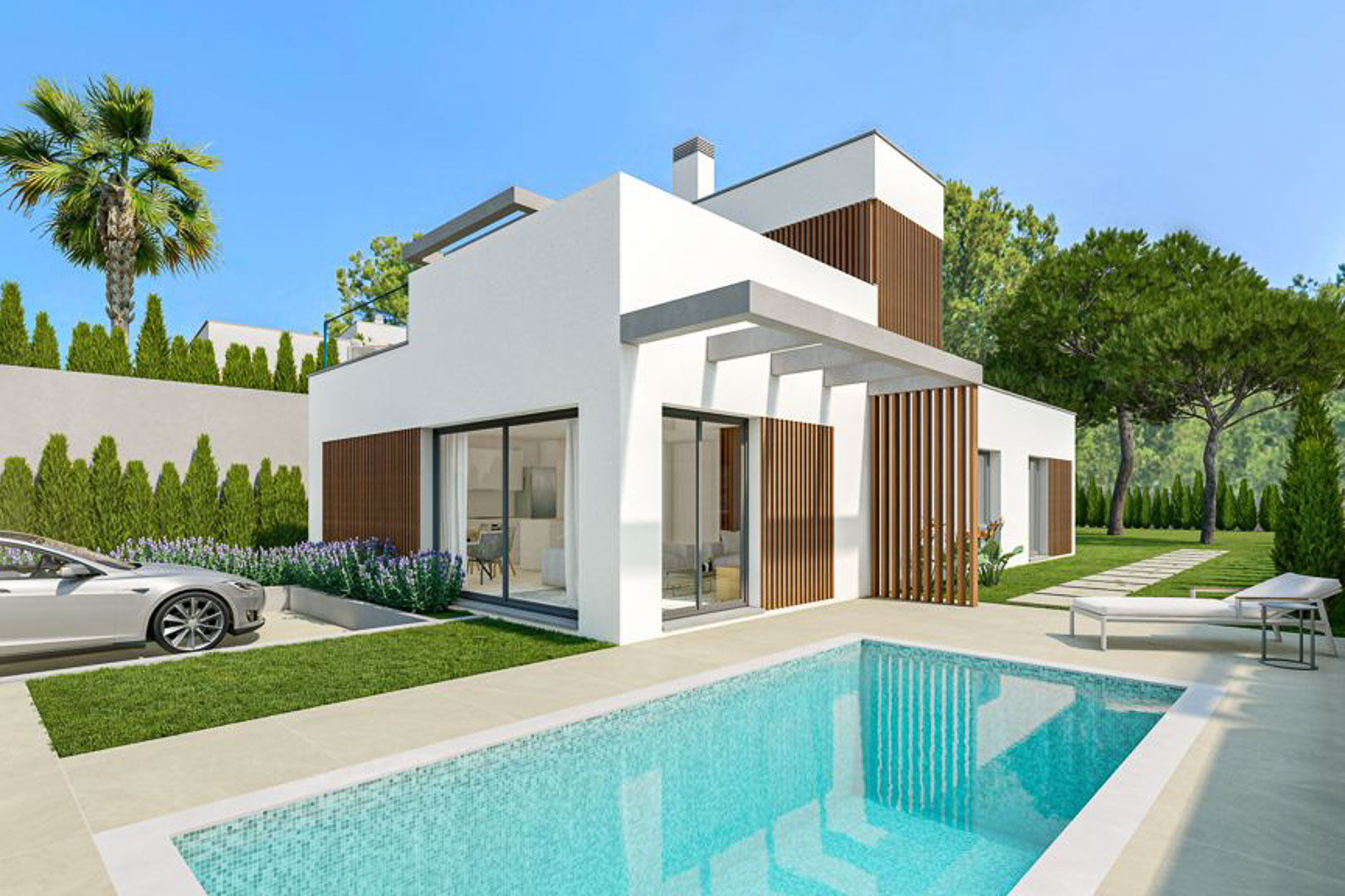 Villa moderna de líneas rectas con fachada blanca y listones de madera, piscina privada, zona de aparcamiento integrada y jardín mediterráneo.