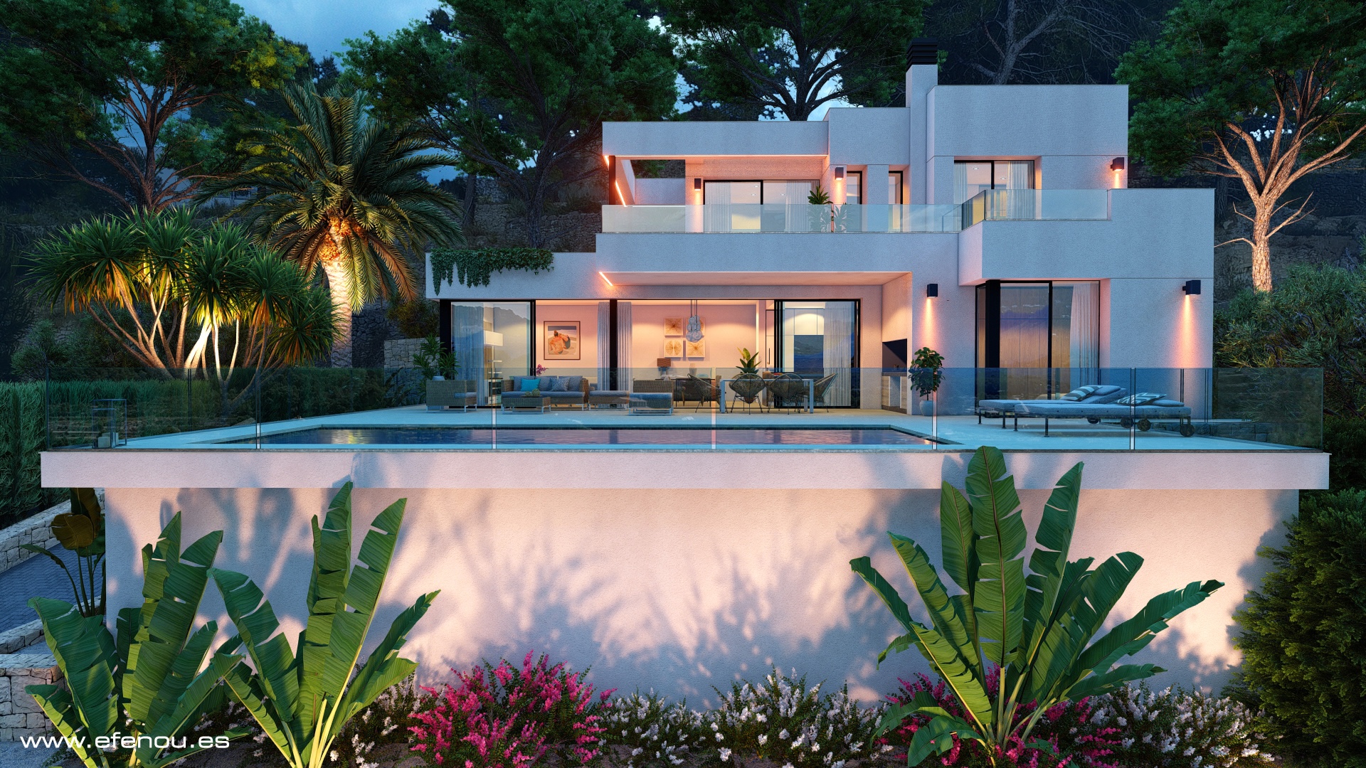 Vista exterior nocturna de la villa con piscina de 12m, amplias terrazas con barandillas de cristal y una cuidada iluminación en el jardín mediterráneo.