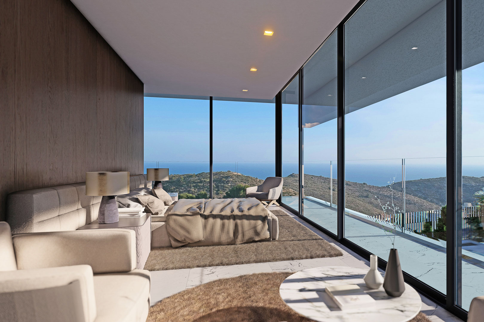 Luminoso dormitorio con pared de madera y vistas panorámicas al mar desde amplios ventanales.