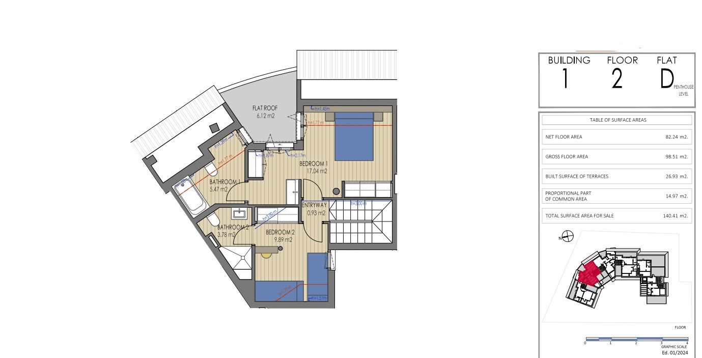 Plano técnico del nivel superior del ático D en el Edificio 1, que ilustra dos dormitorios con baños en suite y una terraza privada de 6,12 m².