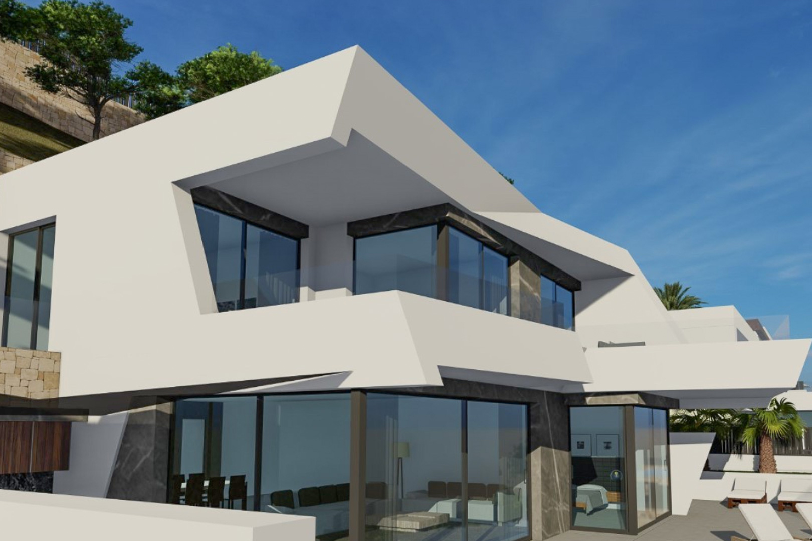 Fachada de diseño geométrico con grandes ventanales, acabados en piedra gris y terrazas privadas que integran el interior con el entorno exterior de Calpe.