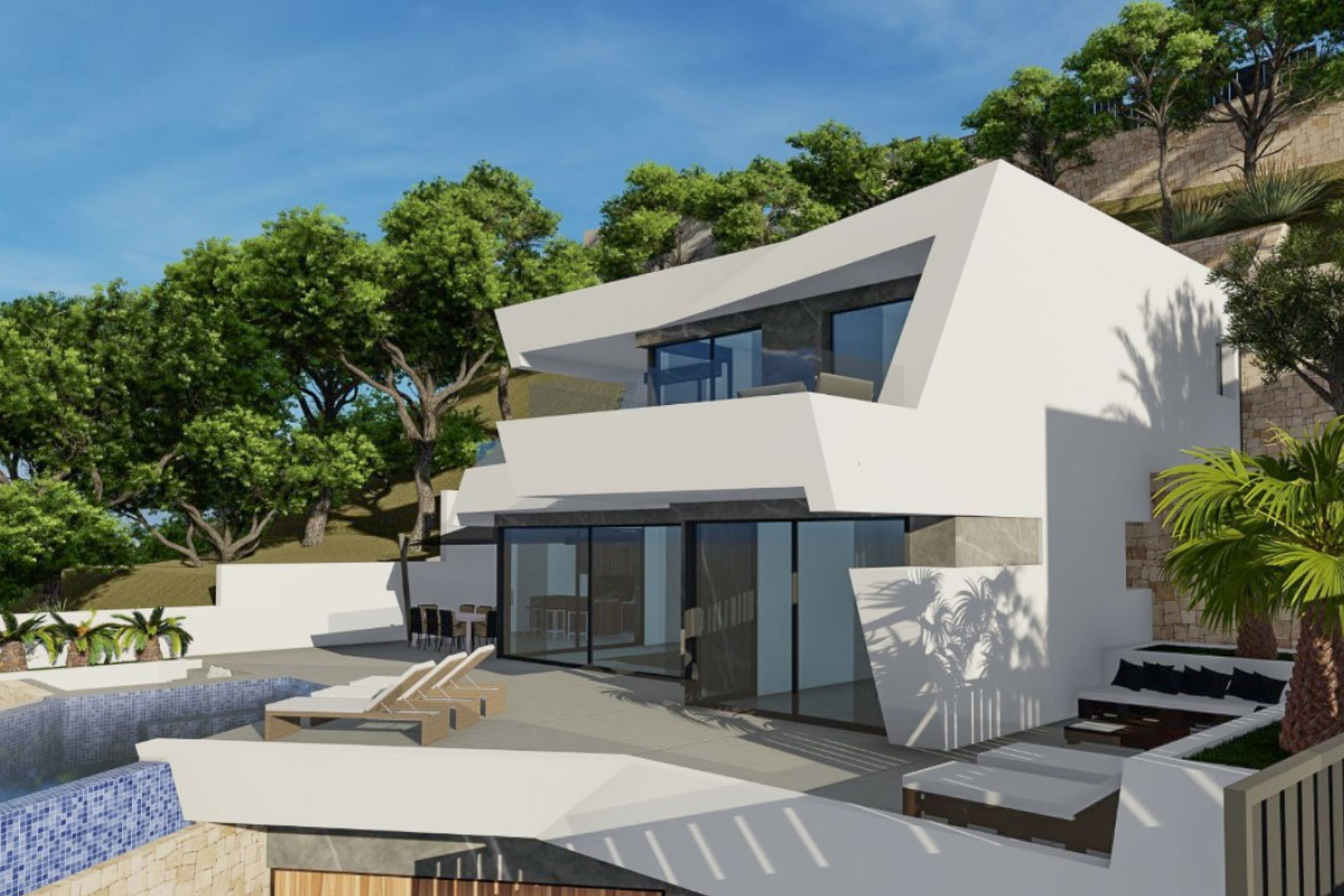 Fachada exterior de diseño geométrico con amplios ventanales, terrazas integradas, piscina infinity de gresite azul y zonas de descanso rodeadas de vegetación mediterránea.
