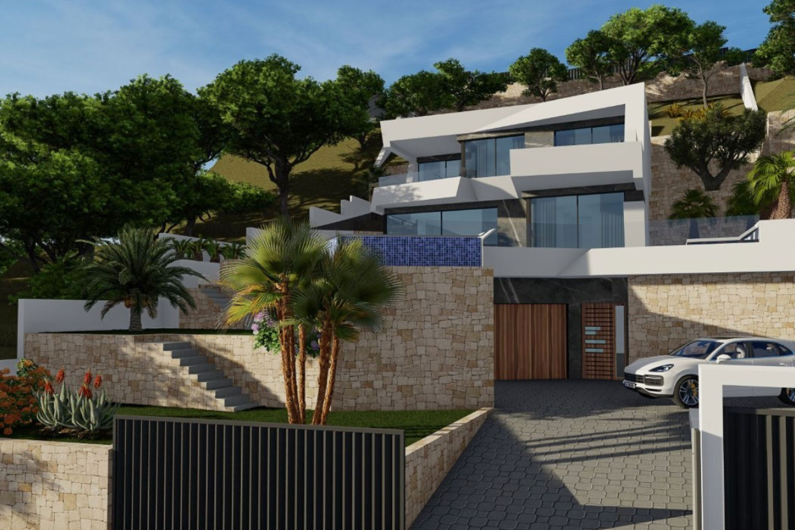 Fachada exterior de diseño geométrico con muros de piedra natural, acceso pavimentado al garaje y niveles aterrazados con vegetación mediterránea.