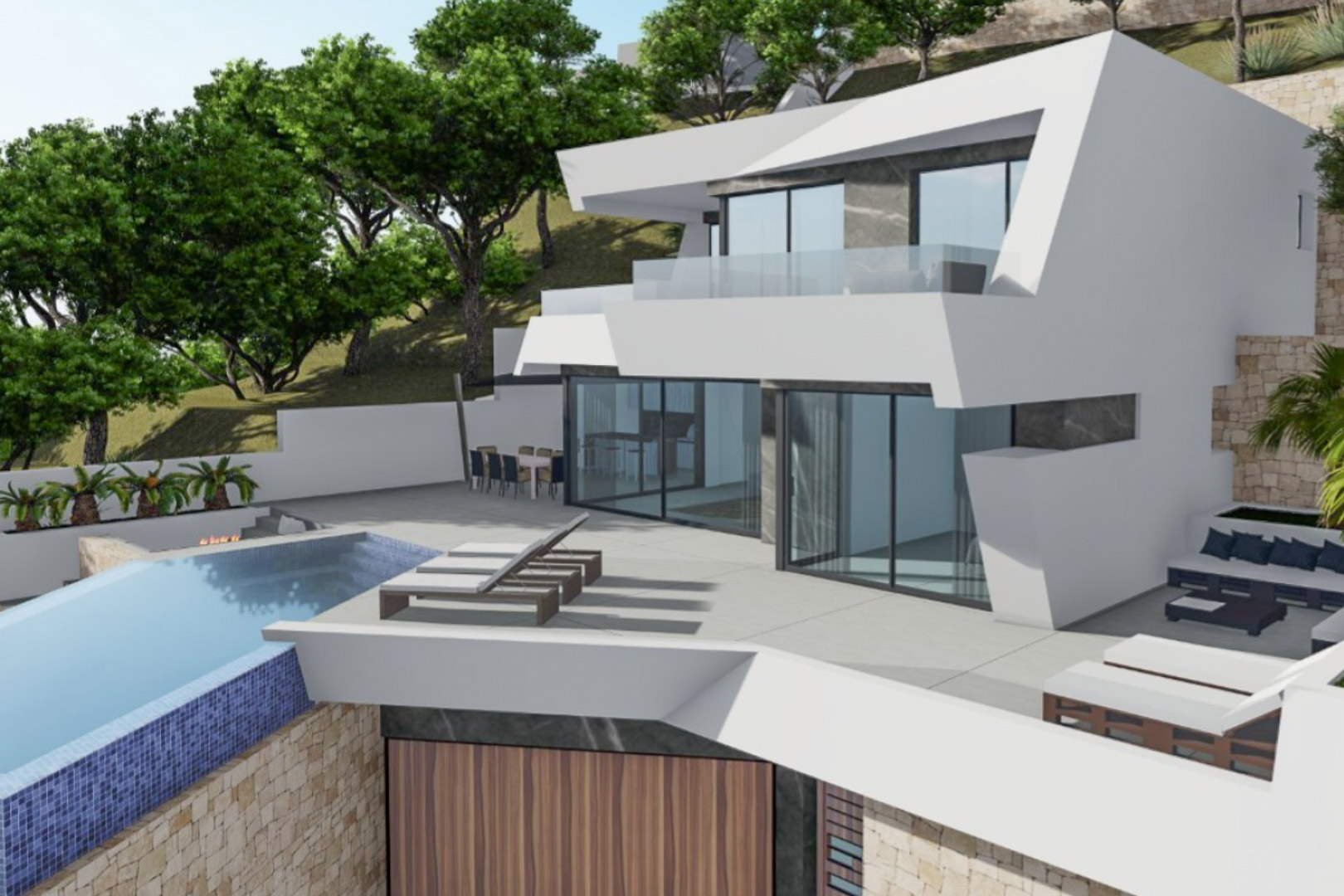 Fachada geométrica blanca con detalles en piedra, piscina infinity de gresite azul y amplias terrazas con zonas de comedor y descanso integradas en el entorno.