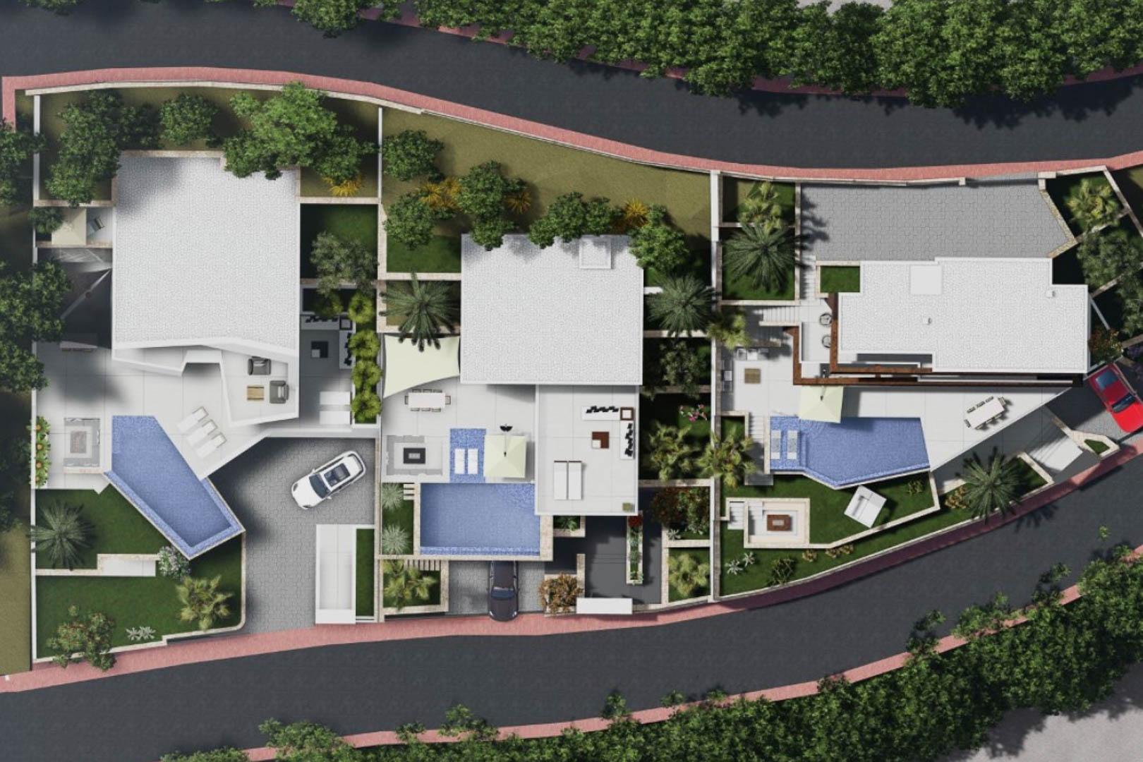 Plano cenital del proyecto que muestra la distribución de las parcelas, las piscinas infinity y el paisajismo integrado con zonas de aparcamiento y terrazas.
