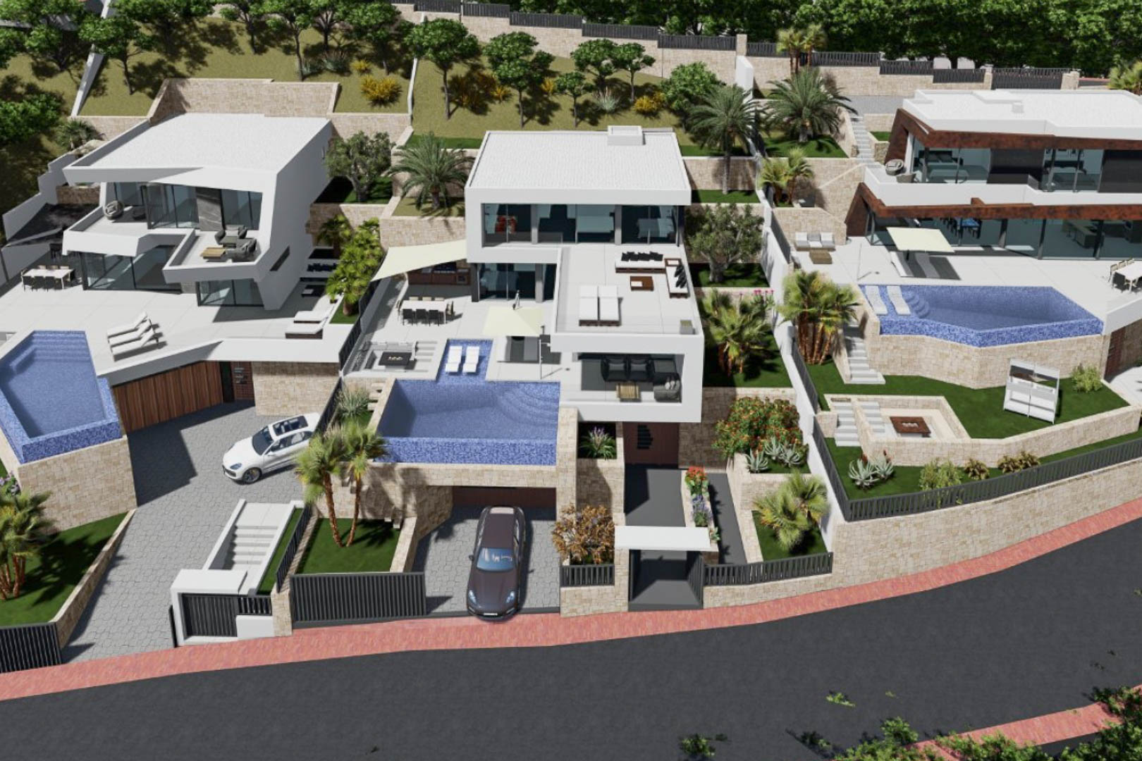 Vista aérea de la villa con arquitectura geométrica blanca, piscina infinity integrada y terrazas distribuidas en varios niveles sobre muros de piedra natural.