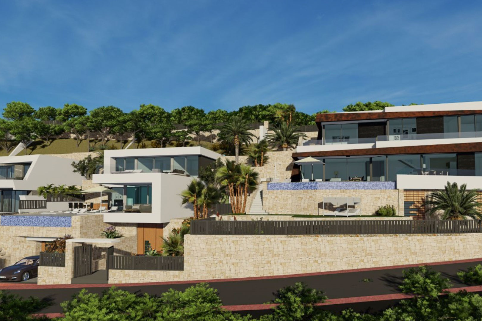 Vista exterior de la arquitectura escalonada con muros de piedra natural, fachadas blancas y piscinas infinity integradas en el entorno paisajístico de la ladera.