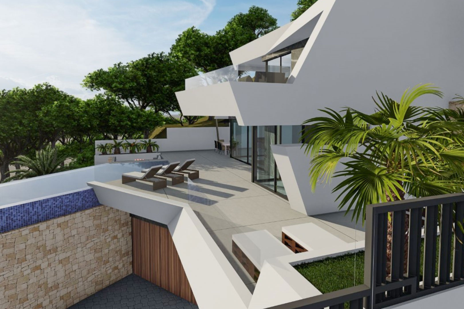 Vista exterior de la villa con arquitectura geométrica, amplias terrazas de gres porcelánico, piscina infinity con muro de piedra natural y barandillas de cristal.