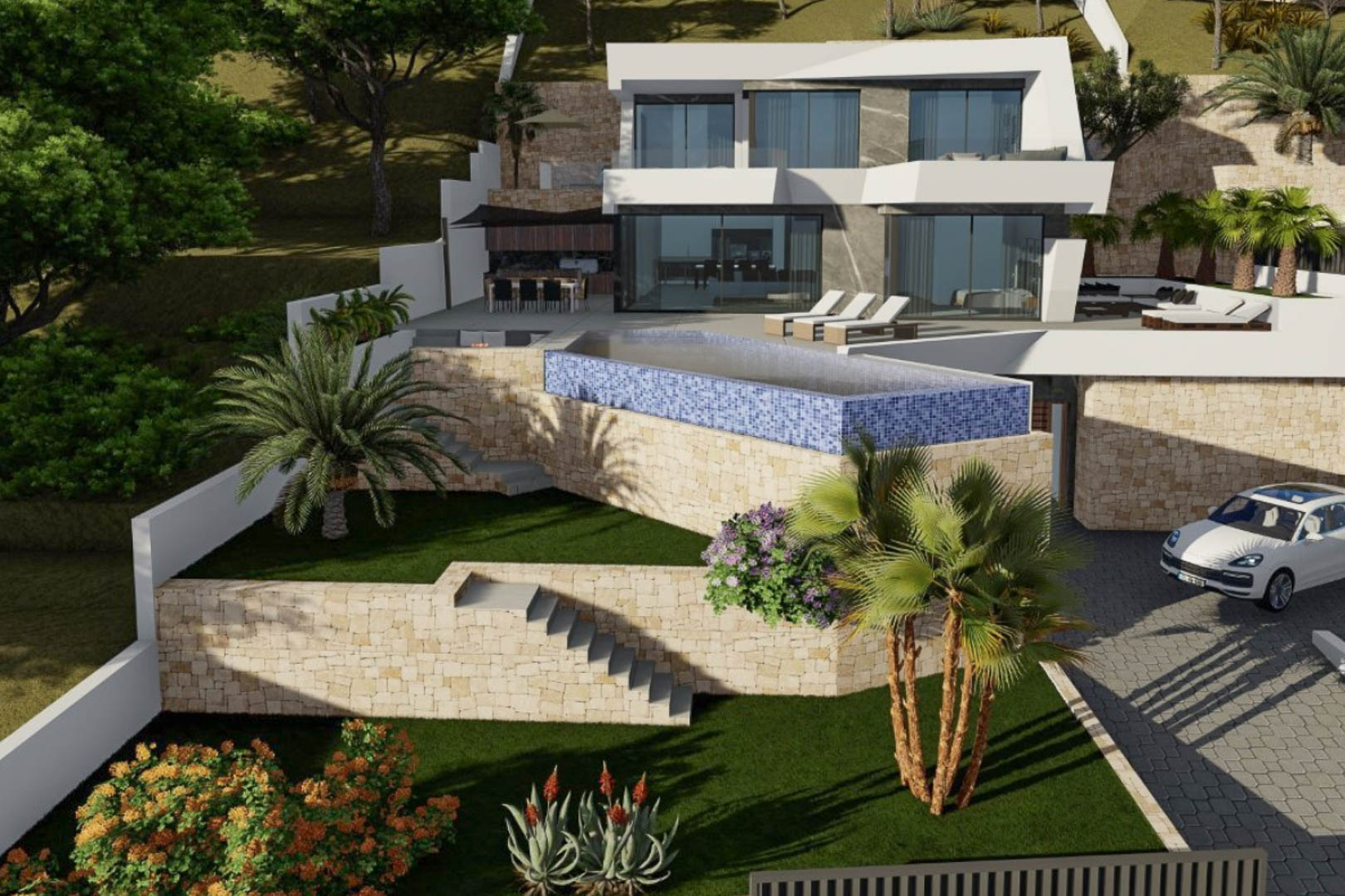 Vista exterior de la villa con fachada geométrica blanca, piscina infinity de gresite azul y muros de piedra natural integrados en un jardín aterrazado con palmeras.