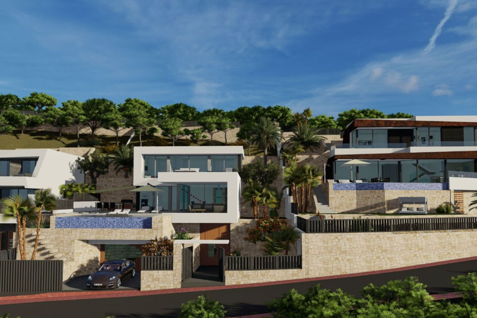 Vista exterior de la villa moderna con arquitectura multinivel, muros de piedra natural, piscina infinity y garaje integrado en una parcela aterrazada con palmeras.