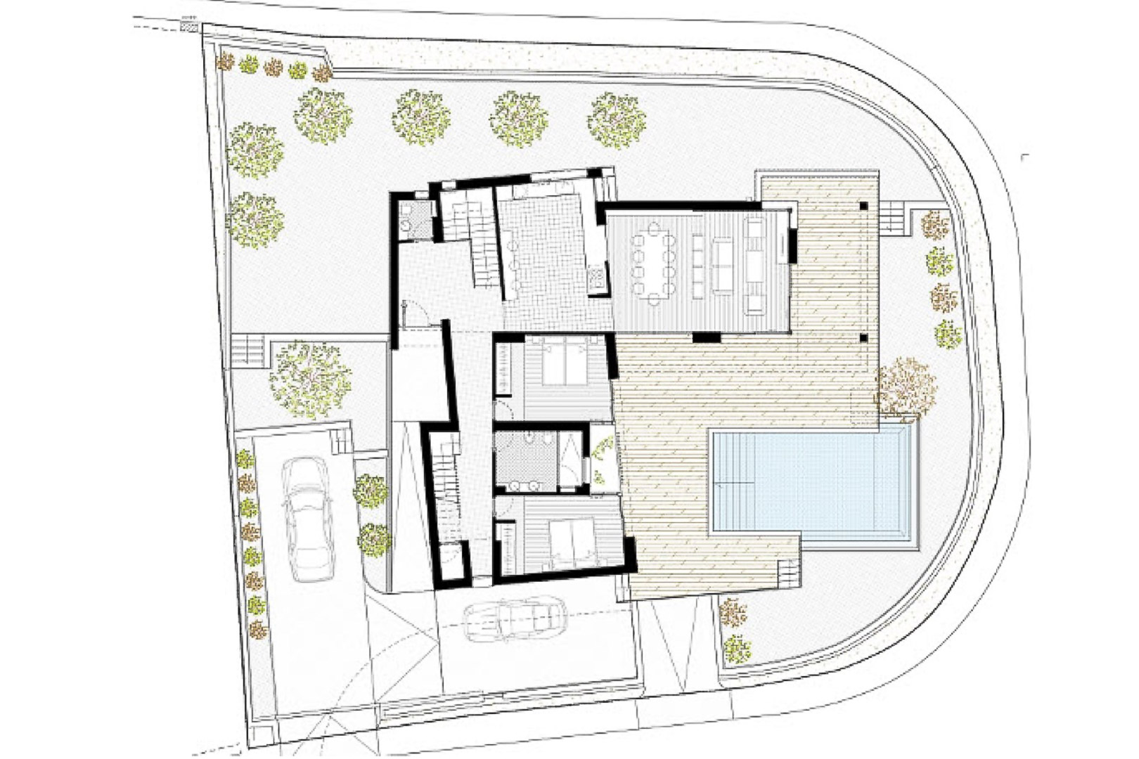 Plano arquitectónico detallado de la villa, mostrando la distribución interior, piscina y jardín mediterráneo.