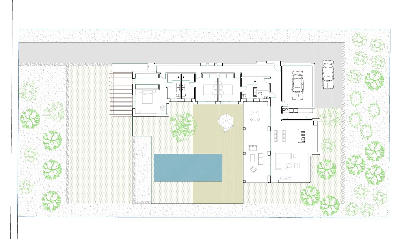 Plano detallado de la planta principal que ilustra la distribución de tres dormitorios con baño, zona de estar, cocina, garaje y terraza exterior con piscina.