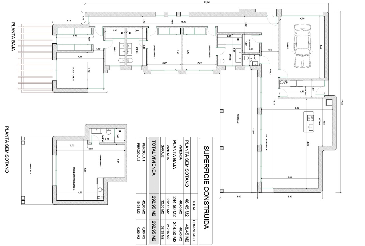 Plano técnico detallado que muestra la distribución de la planta baja con tres dormitorios en suite y el apartamento independiente en el semisótano, sumando 292 m².