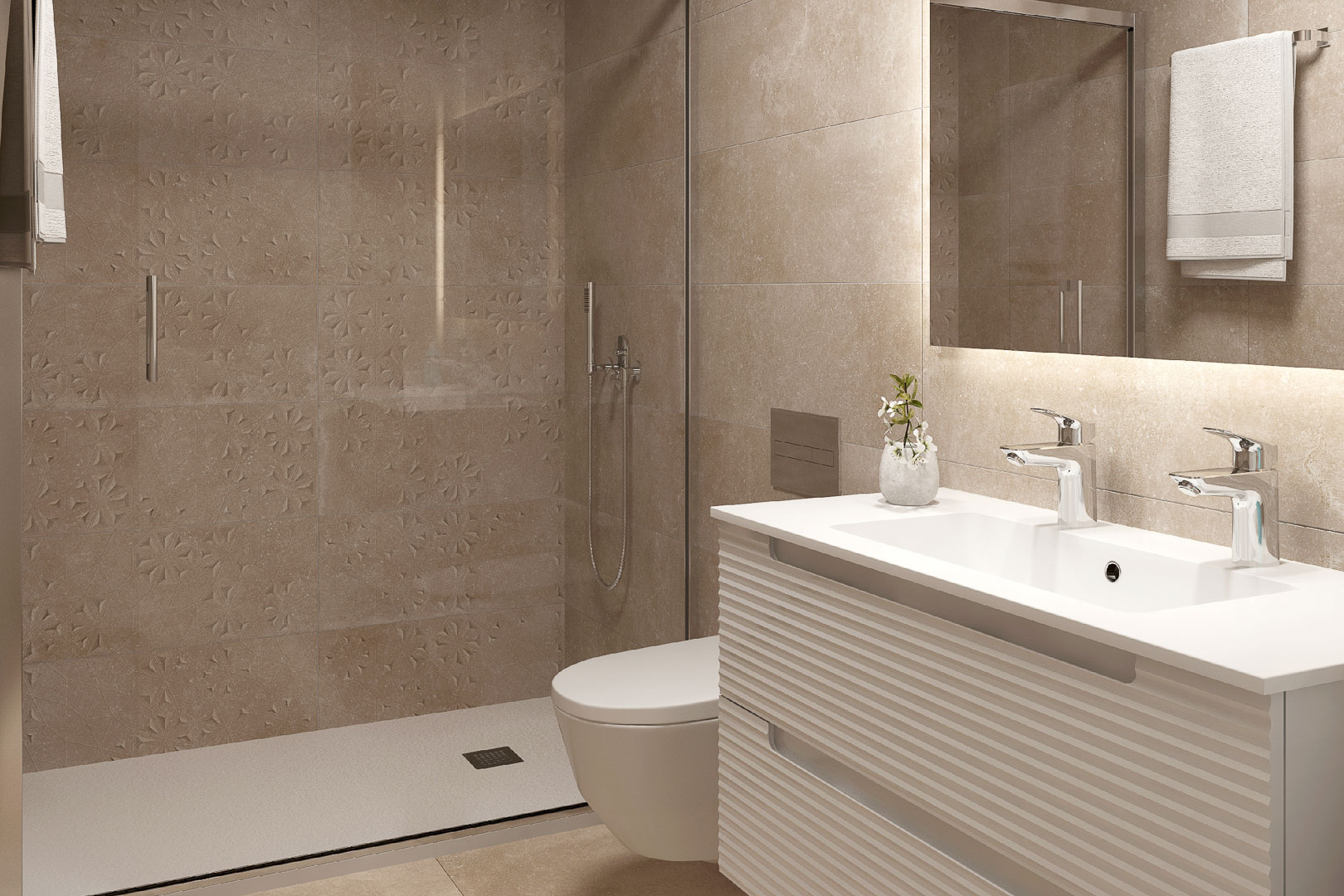 Baño moderno con plato de ducha extraplano, mampara de cristal y paredes de gres porcelánico texturizado. Incluye mueble suspendido de doble grifería e iluminación LED integrada.
