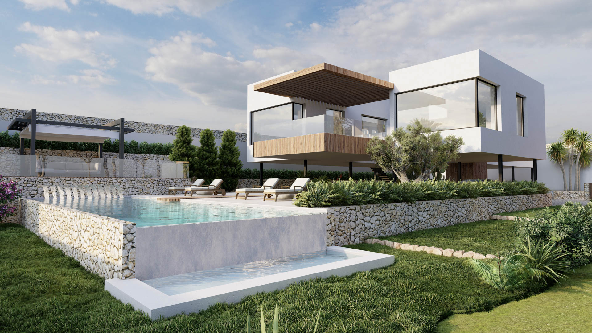 Exterior de villa moderna con piscina desbordante revestida en piedra, terrazas con acabados en madera y jardín mediterráneo con muros de mampostería.