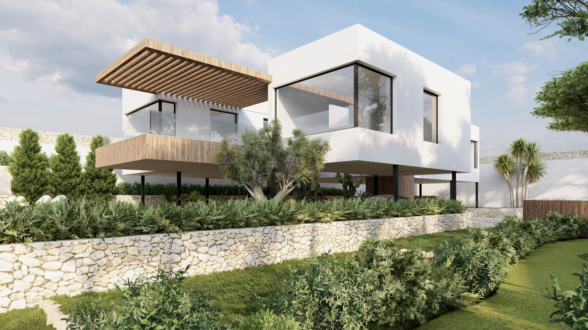 Fachada moderna con volúmenes en voladizo, pérgola de madera y barandillas de cristal sobre muros de piedra seca y jardín mediterráneo.