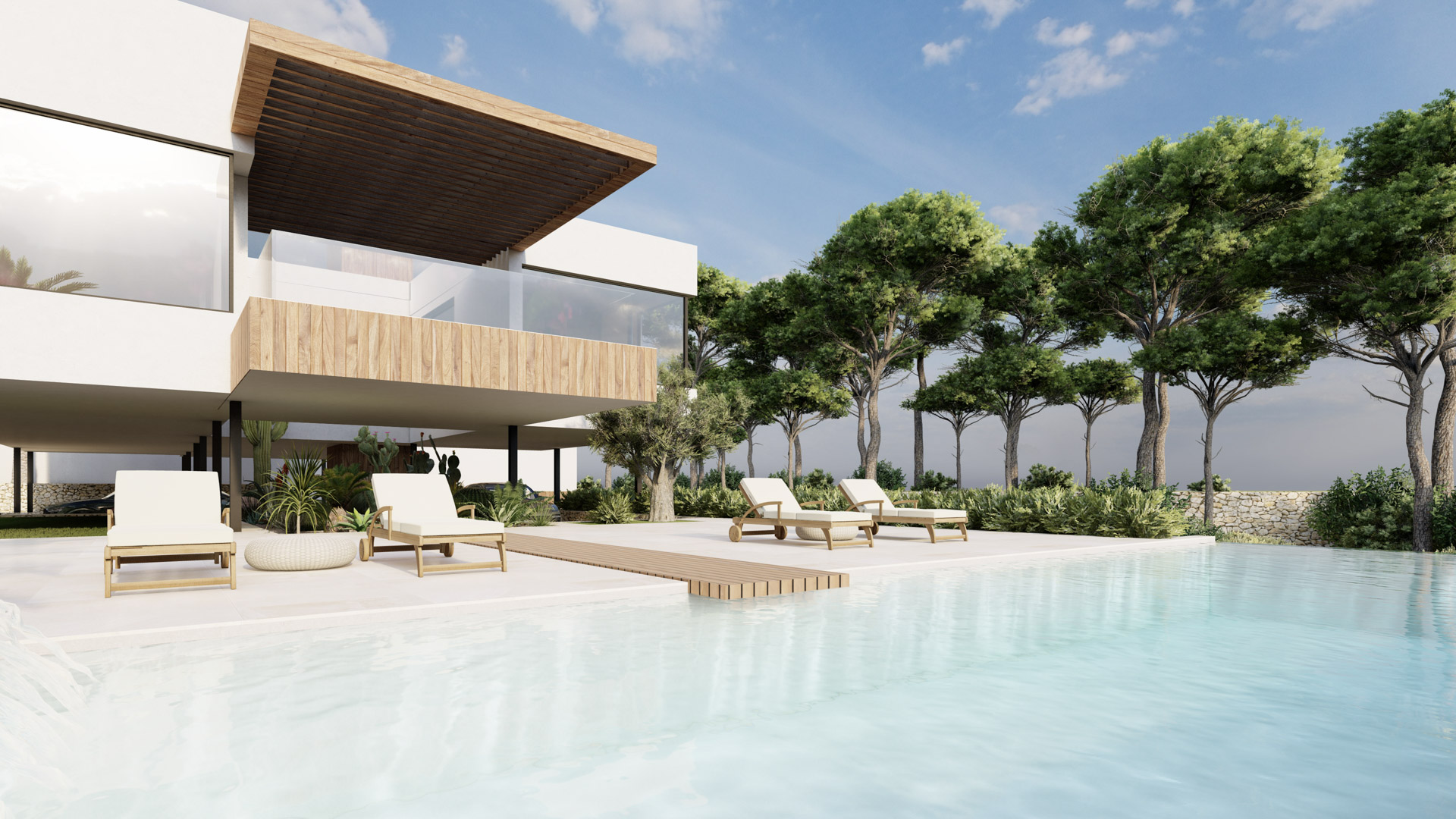 Terraza exterior con piscina de borde infinito, hamacas de madera y una fachada moderna que integra acabados en madera natural y amplios ventanales.