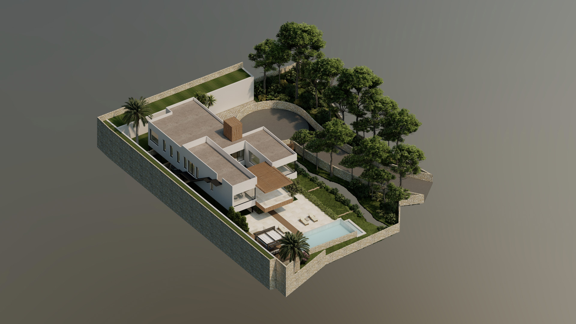 Vista aérea isométrica del proyecto que muestra la distribución de la villa moderna, la piscina, las terrazas con pérgola y el jardín arbolado dentro de la parcela vallada.