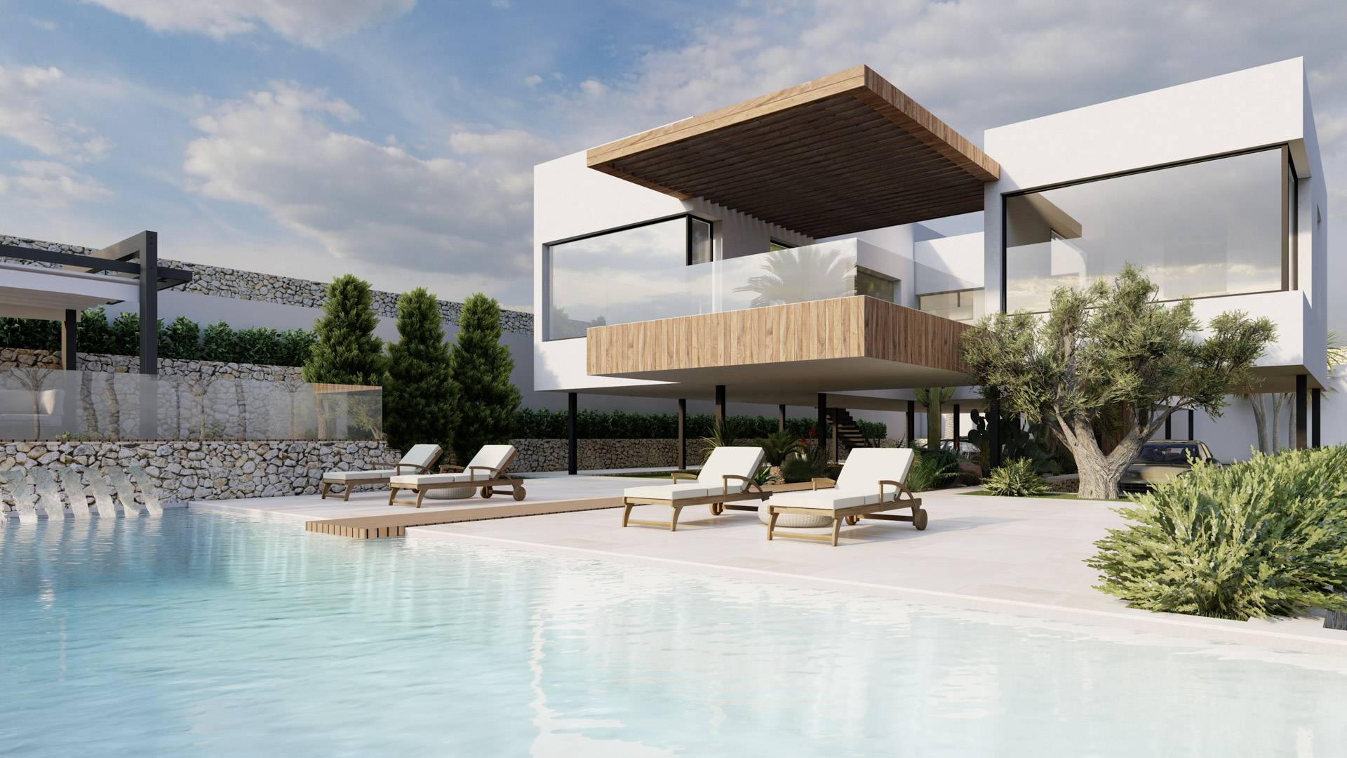 Vista exterior del área de piscina con terraza de piedra clara, tumbonas de diseño y fachada minimalista que combina voladizos de madera con muros de mampostería tradicional.