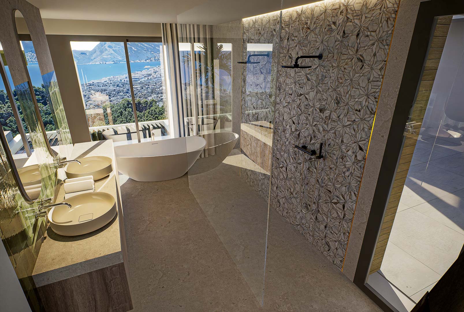 Baño principal con lavabos de sobremesa, bañera exenta y ducha italiana con azulejos geométricos. El ventanal ofrece vistas panorámicas a la costa de Altea y al mar Mediterráneo.