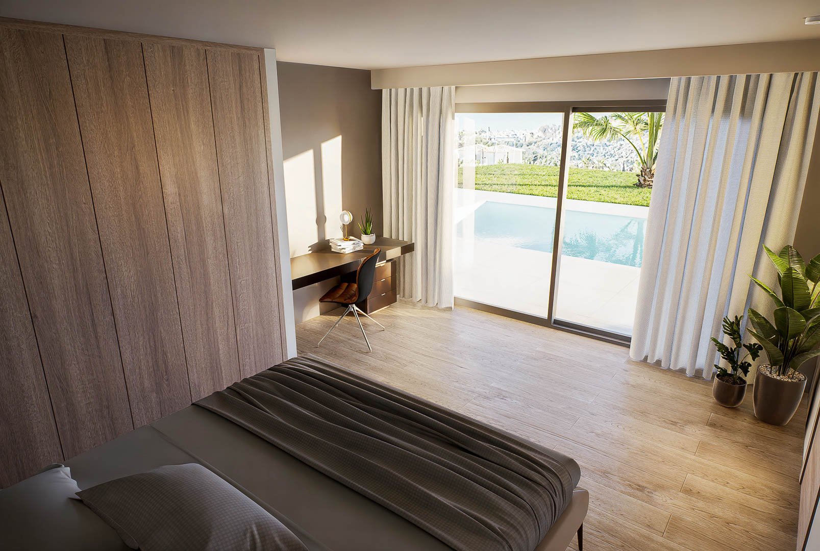 Dormitorio luminoso con armarios de madera integrados, zona de escritorio y acceso directo a la piscina a través de grandes ventanales. Suelo de gres porcelánico efecto madera.