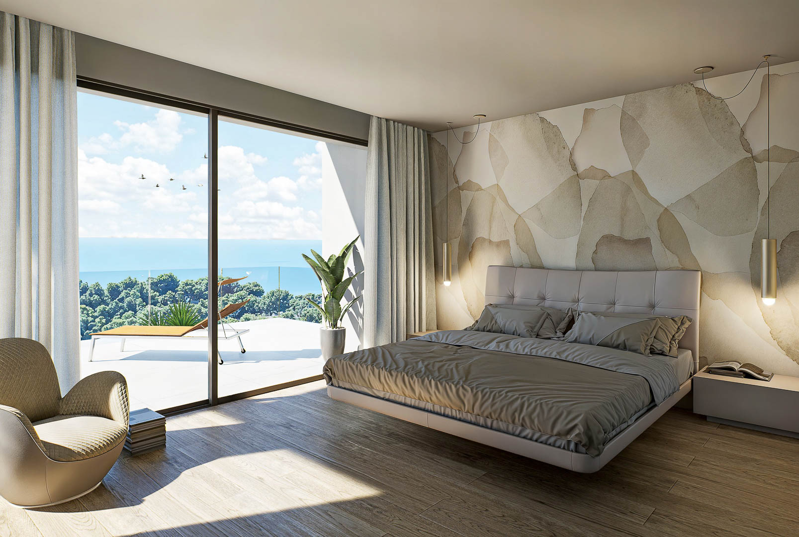 Dormitorio principal con ventanales de suelo a techo, acceso a terraza privada con vistas al mar, suelos de madera y pared decorativa con diseño artístico.