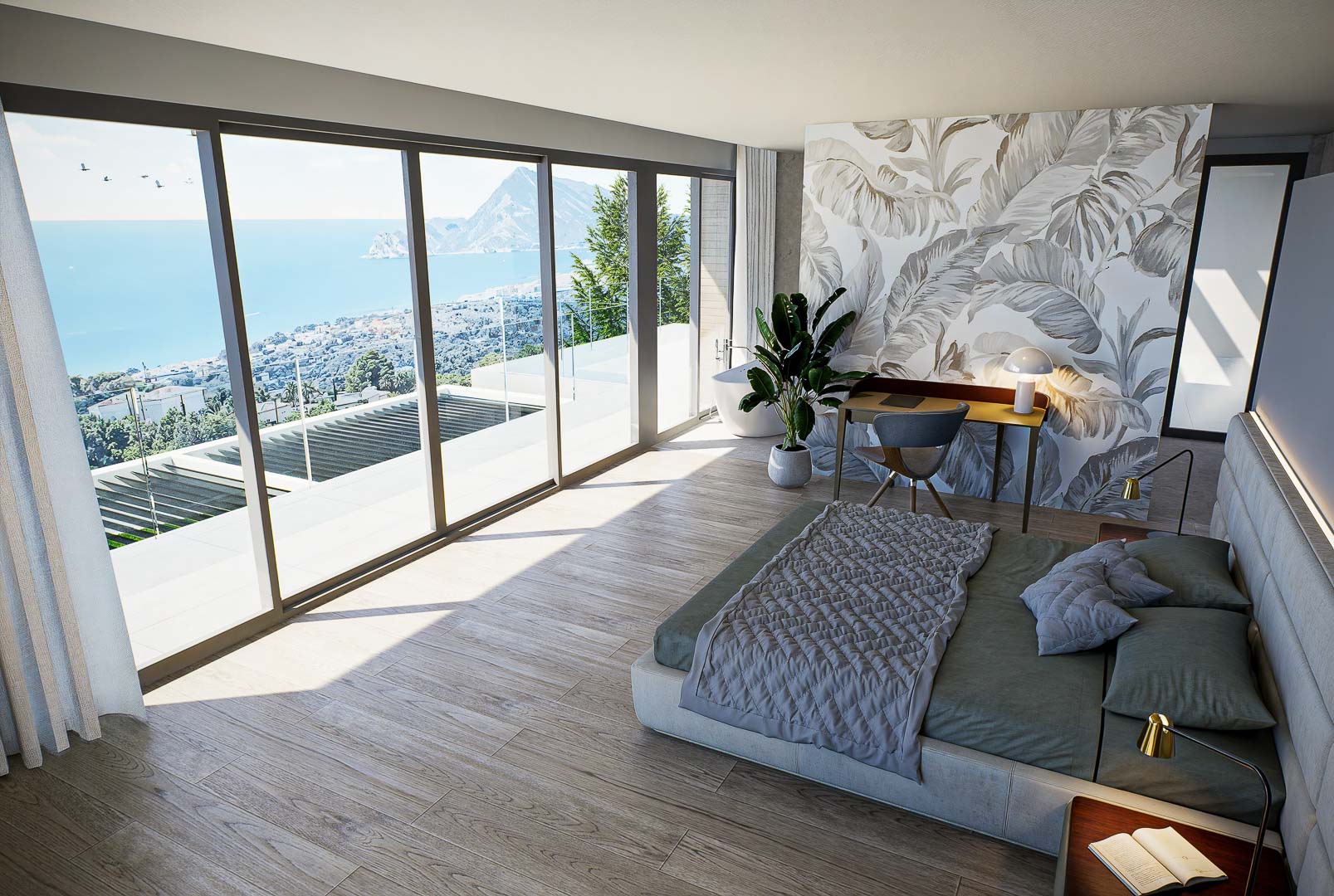 Dormitorio principal con ventanales de suelo a techo, vistas panorámicas al mar, suelo de gres porcelánico madera y pared decorativa con papel pintado botánico.