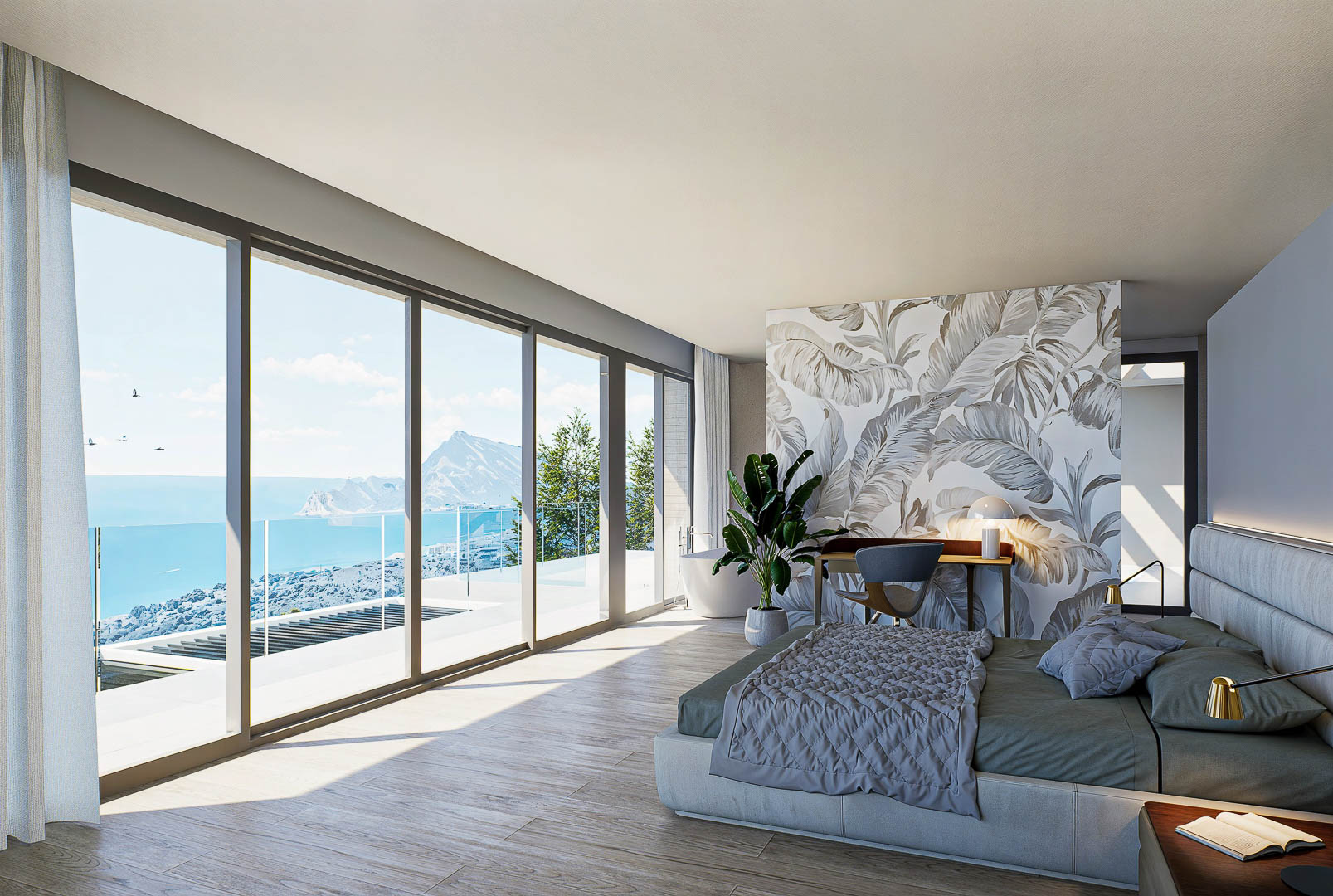 Dormitorio principal con ventanales de suelo a techo, vistas panorámicas al mar, suelo de porcelánico imitación madera y zona de escritorio con papel pintado botánico.