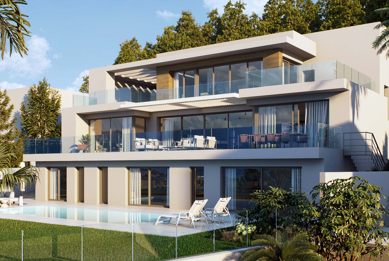 Fachada de tres niveles con amplios ventanales, barandillas de cristal y piscina integrada en un entorno paisajístico de Altea Hills.