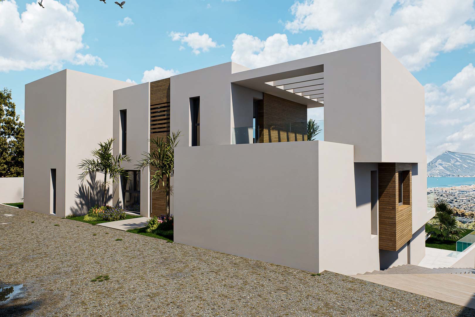 Fachada exterior de arquitectura cúbica con revestimientos de madera, terrazas con barandillas de cristal y vistas panorámicas a la bahía de Altea.