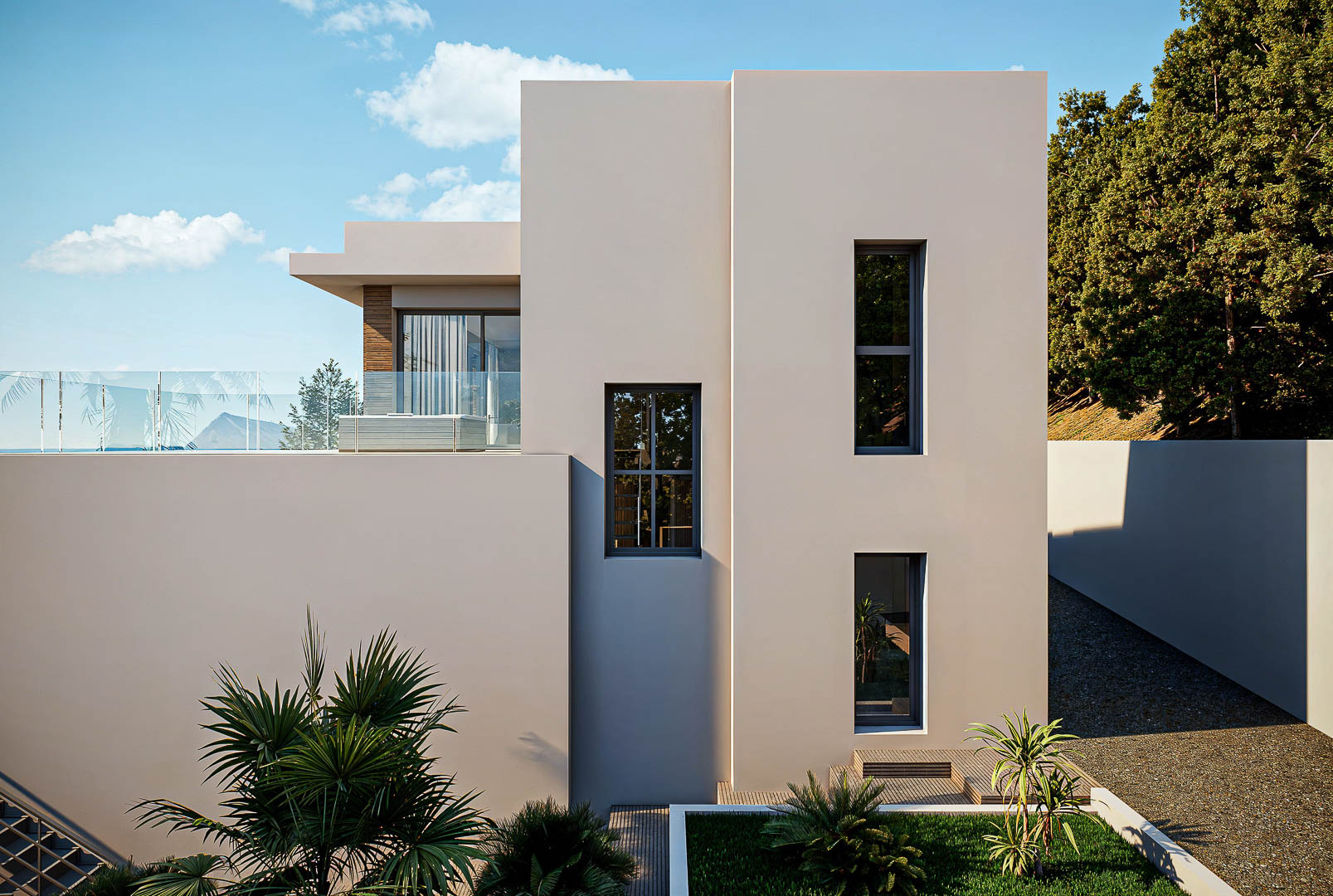 Fachada minimalista de volúmenes geométricos en tonos neutros, con ventanales verticales y terraza superior con barandilla de cristal y vistas panorámicas.