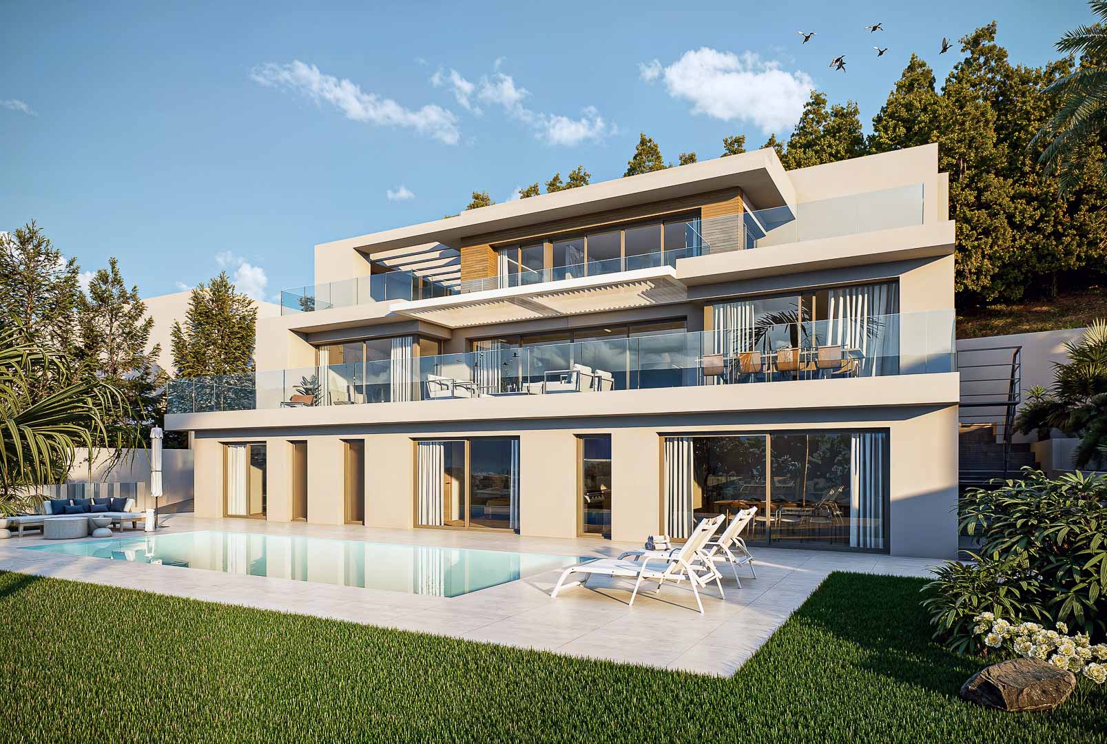 Fachada moderna de tres niveles con amplios ventanales, terrazas con barandillas de cristal y piscina integrada en un entorno ajardinado con pavimentos de porcelánico.