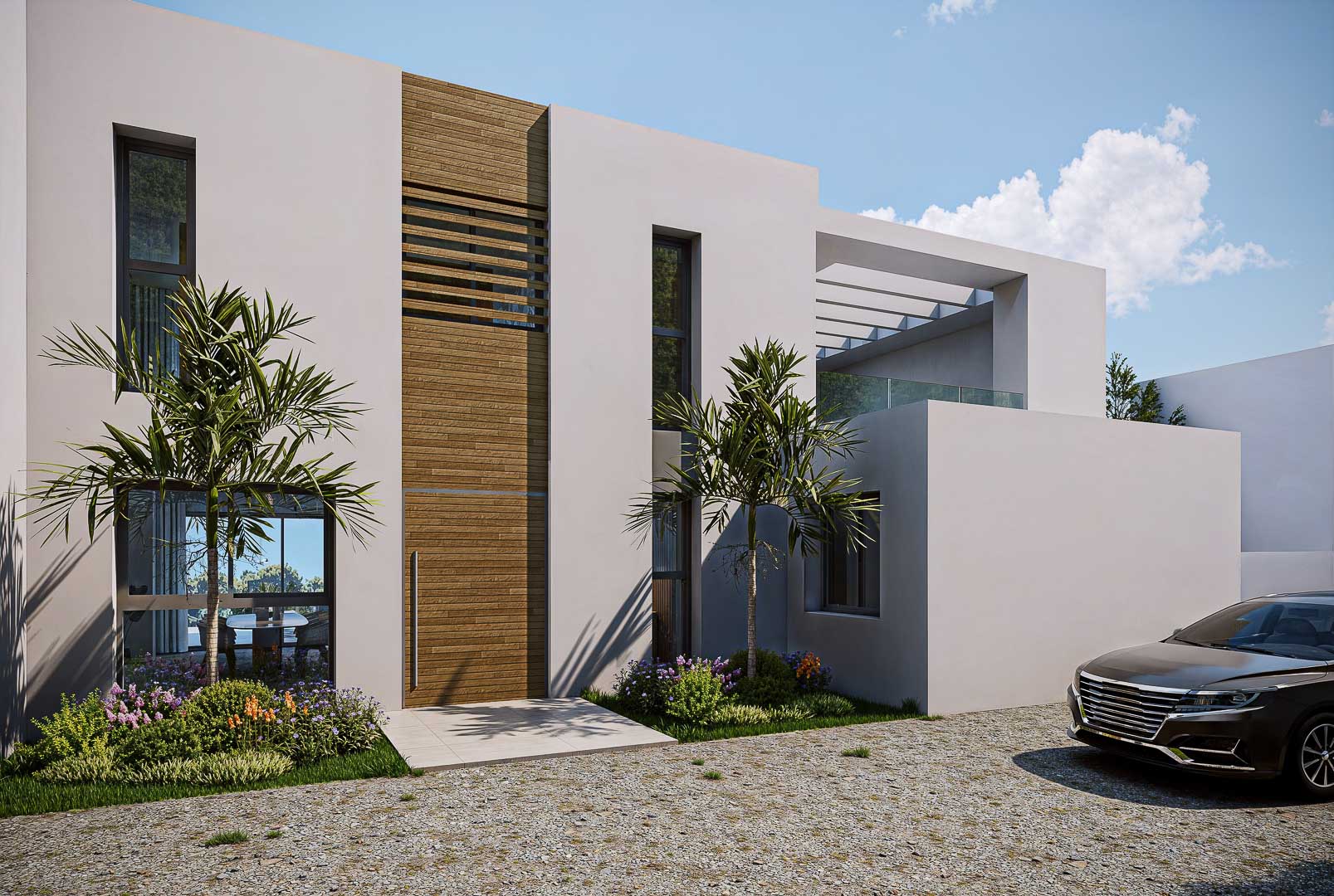 Fachada principal minimalista con puerta de entrada en madera de gran formato, ventanales verticales y jardín ornamental con palmeras sobre acceso de grava.