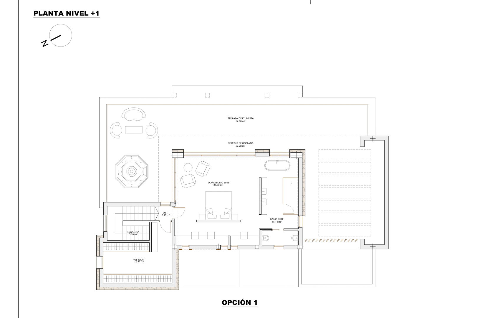 Plano detallado del nivel +1 que muestra una suite principal con vestidor, baño privado y una amplia terraza de 114 m² con zonas cubiertas y descubiertas.