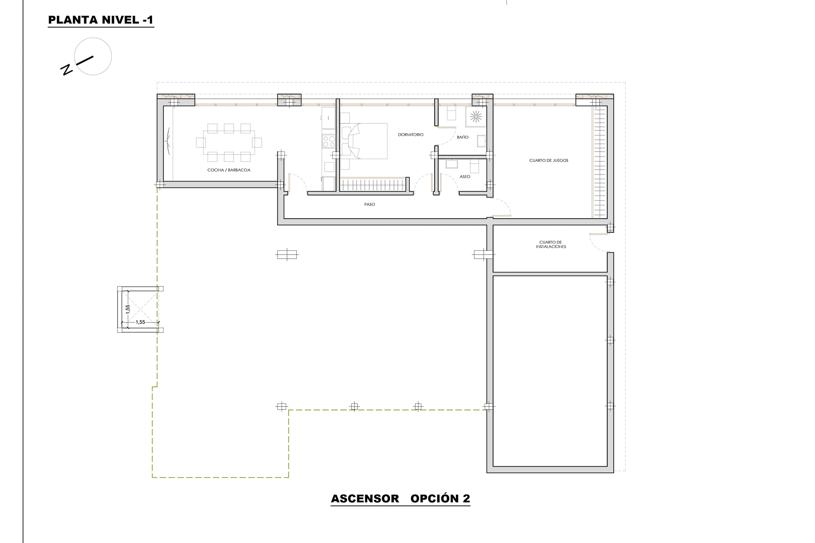 Plano técnico del nivel -1 que detalla la distribución de la cocina-barbacoa, dormitorio con baño, cuarto de juegos y áreas técnicas de la villa.