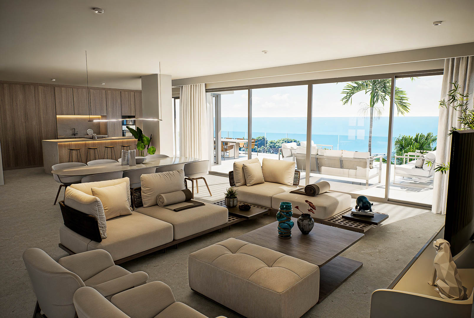 Salón de concepto abierto con mobiliario modular en tonos neutros, cocina integrada con madera y ventanales con vistas panorámicas al mar.