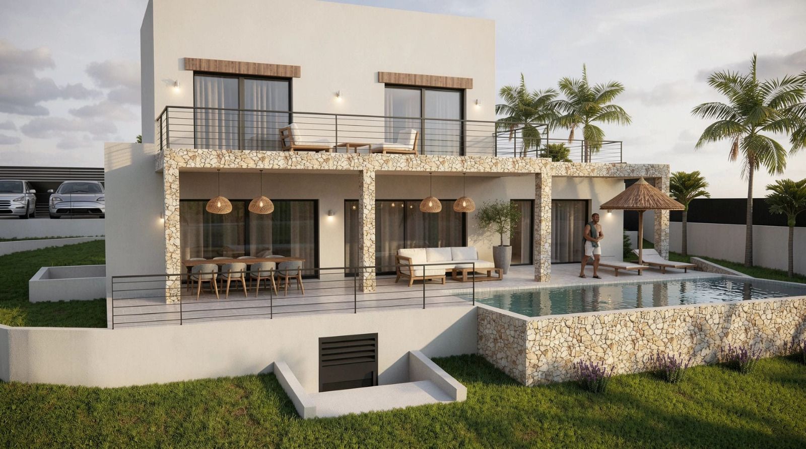 Exterior de la villa con fachada de piedra natural, amplia naya cubierta con zonas de estar y comedor, piscina integrada y terrazas superiores con vistas despejadas.