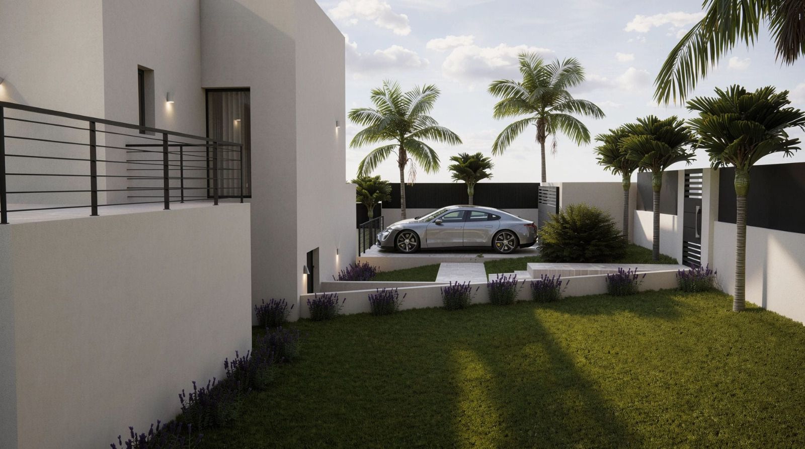 Exterior de la villa con zona de aparcamiento privada, jardín mediterráneo con palmeras y fachada minimalista de líneas limpias con iluminación integrada.
