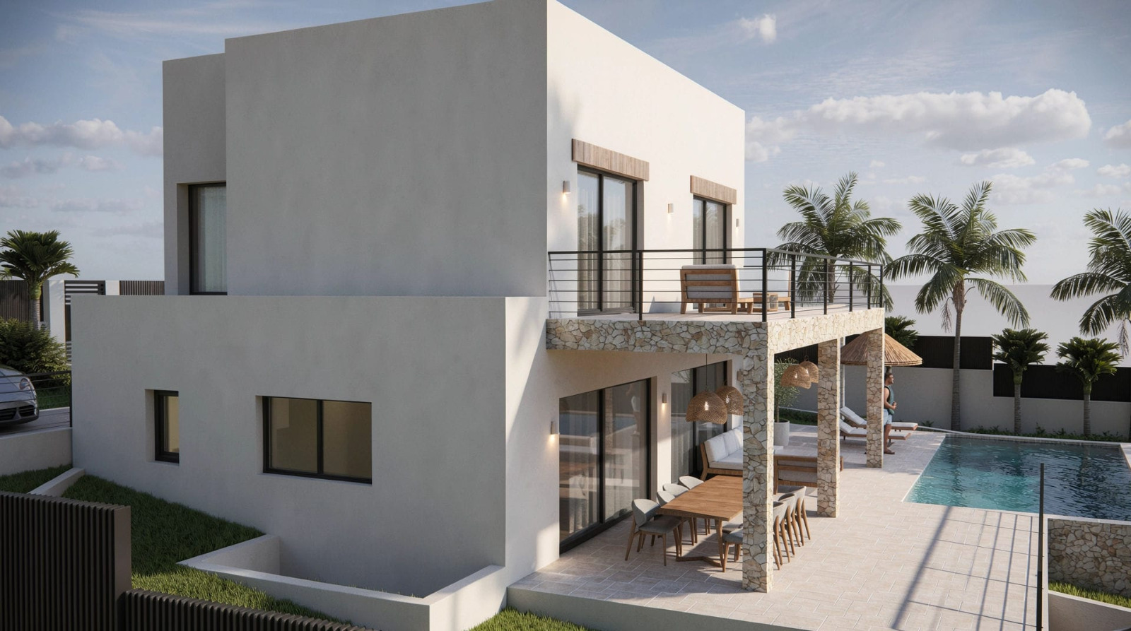 Exterior de la villa moderna con fachada blanca, naya de piedra natural, amplia terraza superior con barandilla negra y zona de piscina integrada en el jardín.