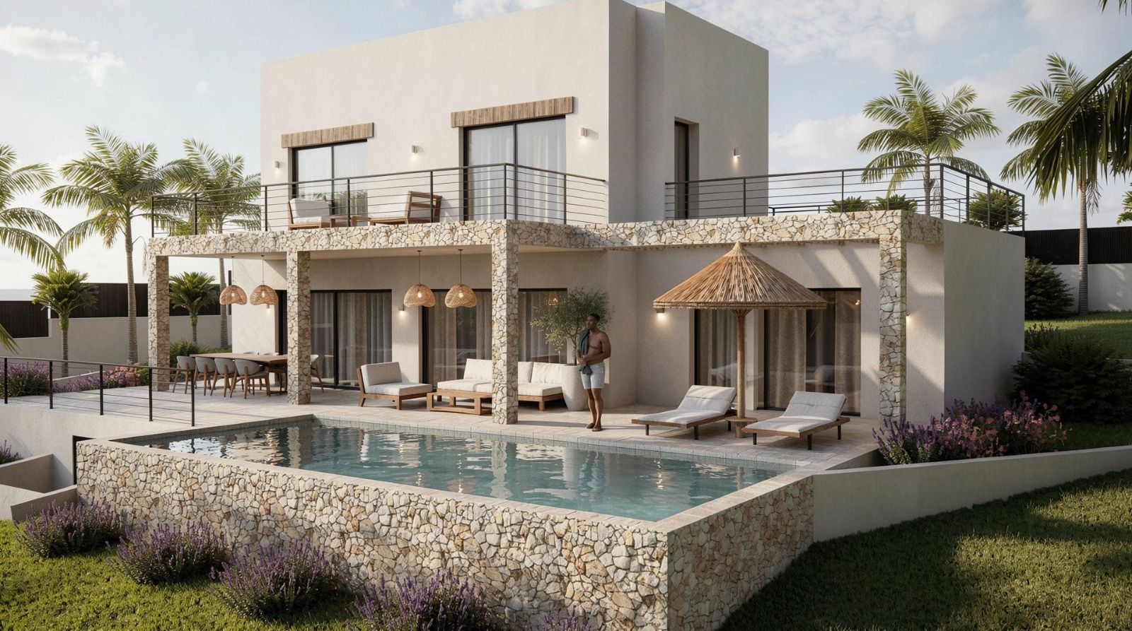 Exterior de villa moderna con piscina revestida en piedra natural, naya cubierta con pilares de piedra y amplias terrazas en la planta superior rodeadas de palmeras.