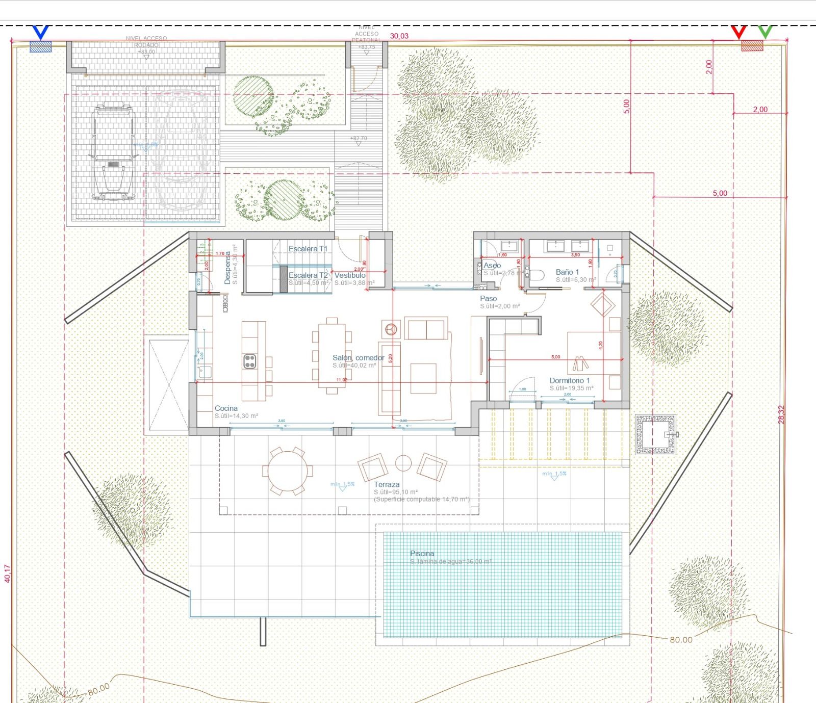 Plano detallado de la planta principal que destaca el salón-comedor de 40 m², la cocina con isla, un dormitorio en suite y la gran terraza exterior con piscina de 36 m².