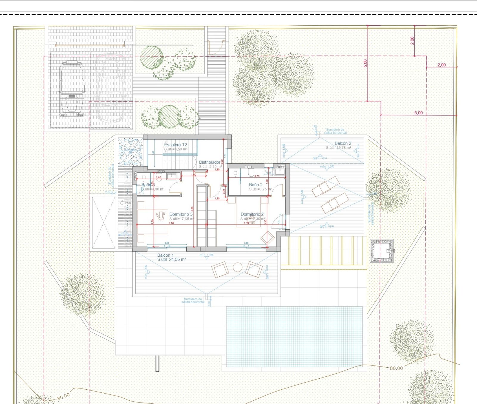 Plano detallado de la planta superior que muestra dos dormitorios con baños en suite y amplias terrazas privadas con vistas a la zona de la piscina.