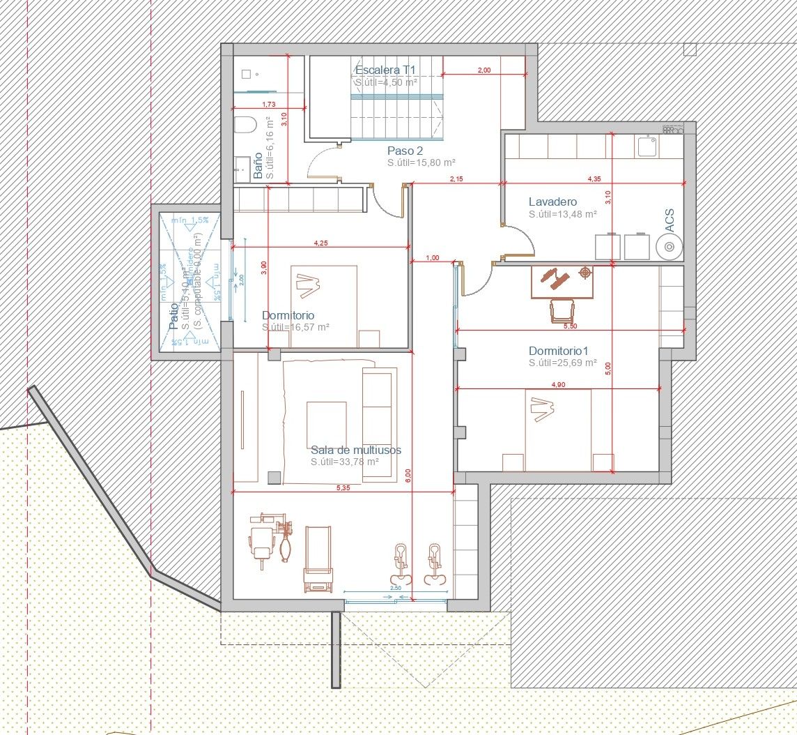 Plano técnico de la planta sótano con dos dormitorios dobles, baño, lavadero y una sala multiusos de 33,78 m² equipada para gimnasio.