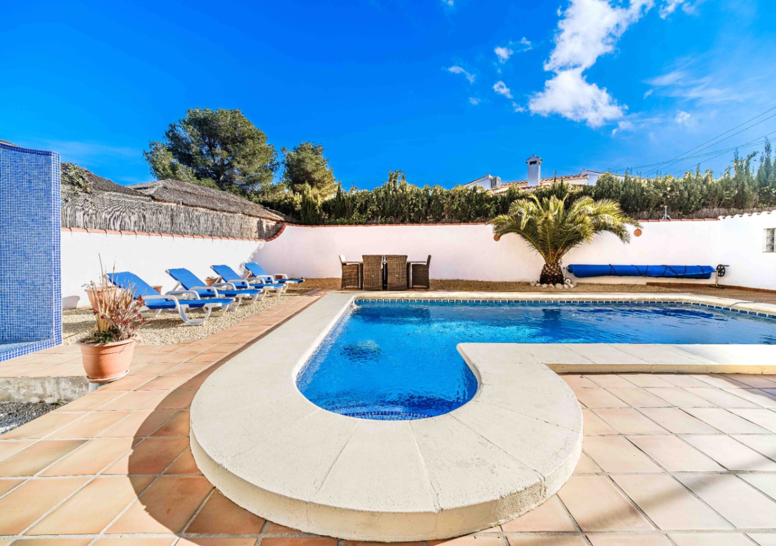 Piscina de agua salada con escalera romana, rodeada de una terraza de gres y zona de tumbonas. Incluye comedor exterior, palmera decorativa y ducha de mosaico azul.