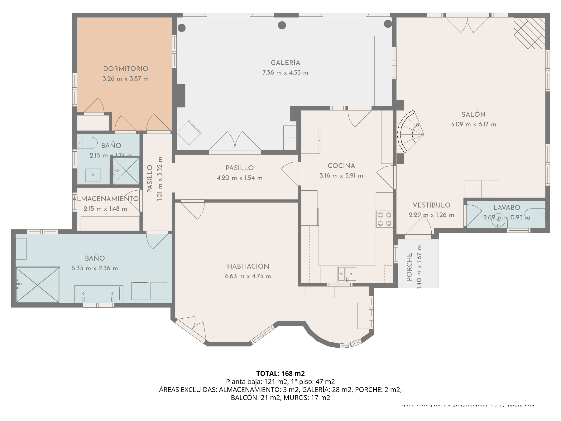Plano detallado de la planta baja y primer piso con 168 m2 totales, mostrando la distribución de dormitorios, baños, cocina y el amplio salón con chimenea en Jávea.