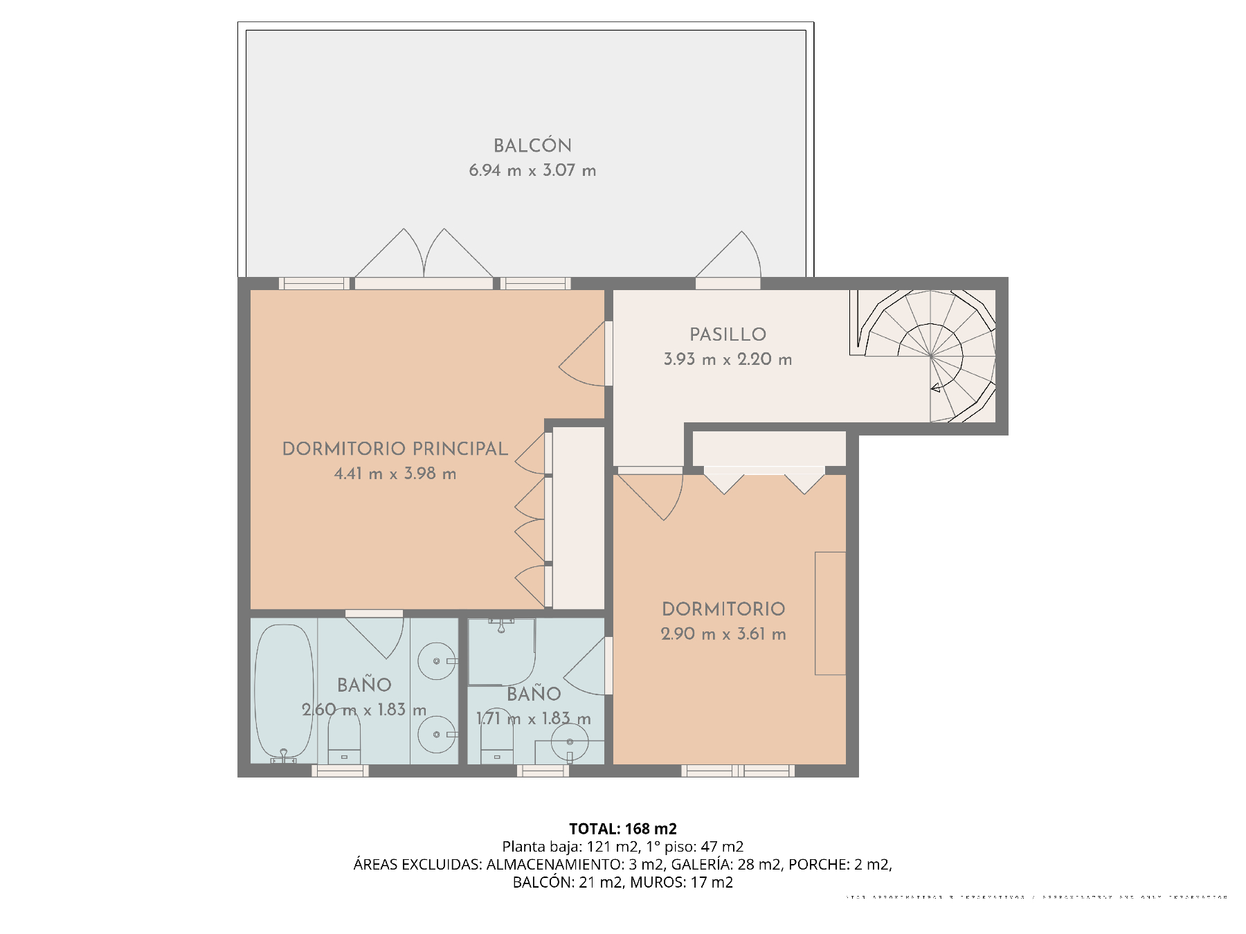 Plano detallado de la planta superior que incluye el dormitorio principal con baño en suite, un segundo dormitorio y un amplio balcón de 21 m².