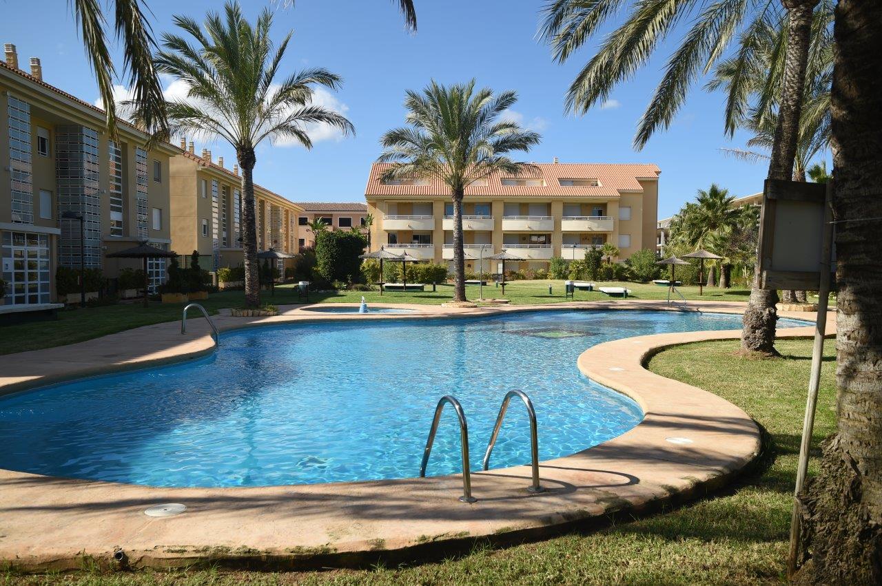 Piscina comunitaria de forma irregular rodeada de amplias zonas verdes, césped natural y palmeras maduras en el complejo Golden Beach 2.