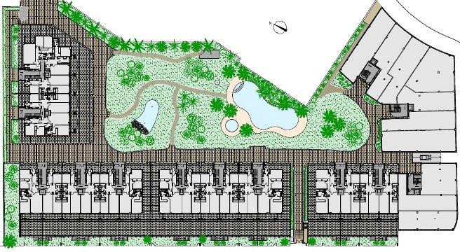 Plano general de la urbanización que muestra la distribución de los bloques, las zonas ajardinadas y las dos piscinas comunitarias con sus caminos peatonales.