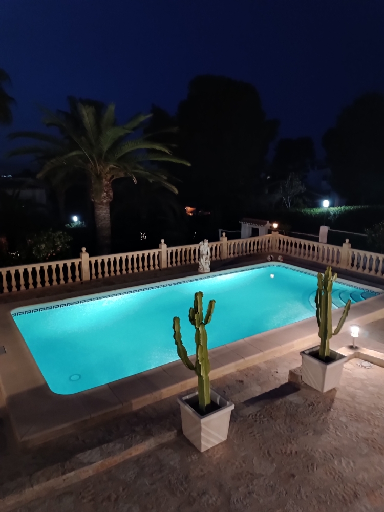 Piscina rectangular iluminada por la noche, rodeada de una terraza de piedra natural, balaustrada clásica y vegetación mediterránea con palmeras y cactus.